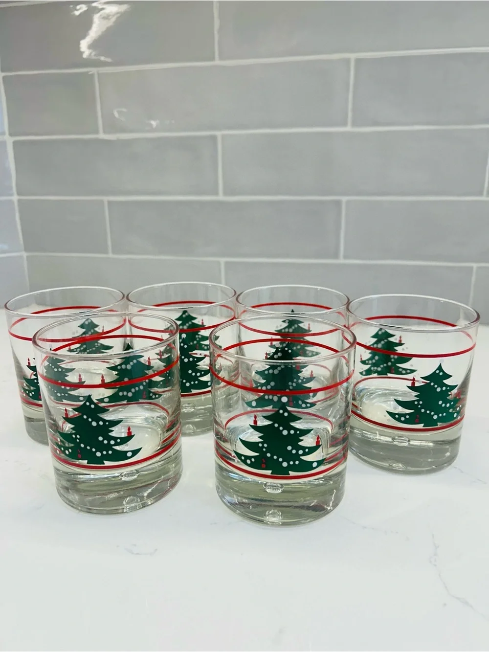 Holiday Glasses Tumblers with Green Christmas Tree & Red Candles - set of 6